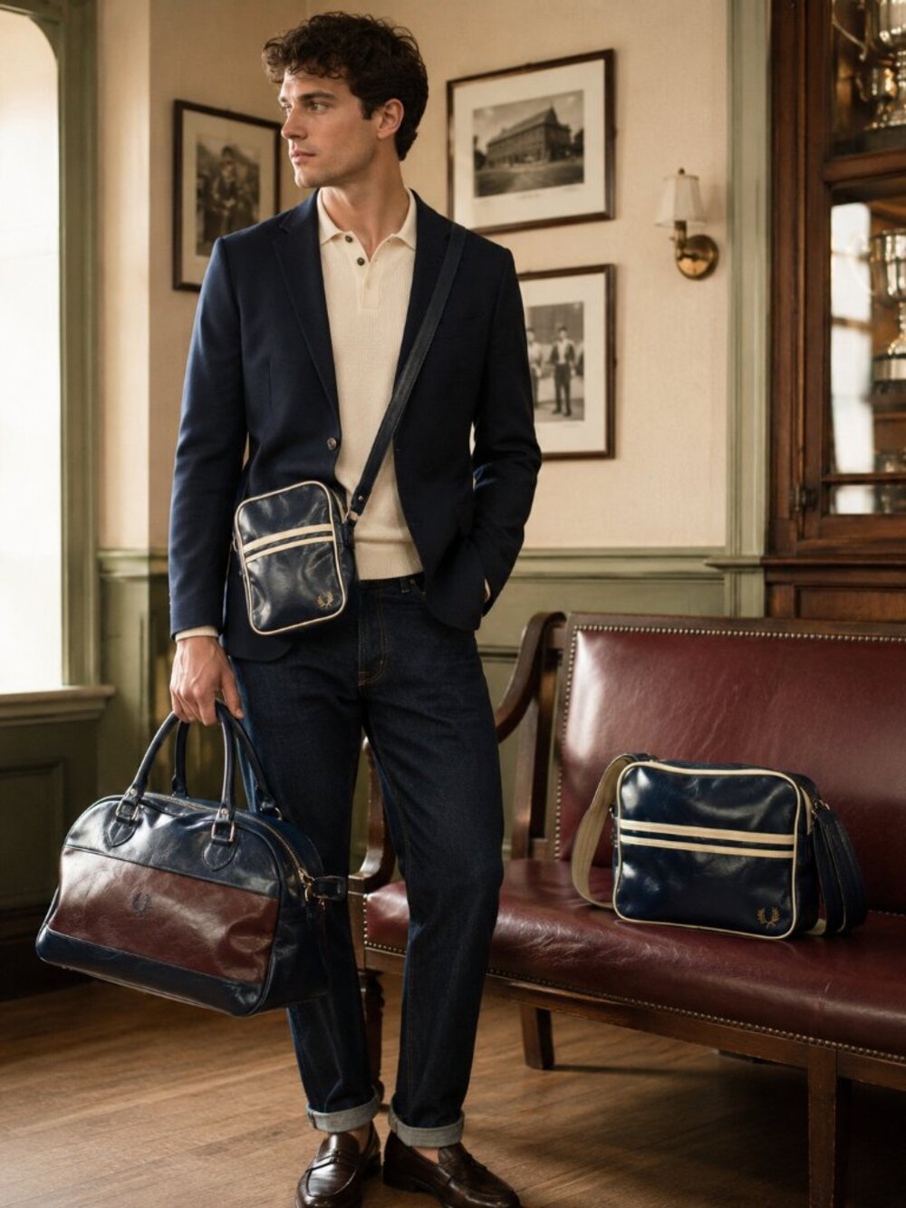 Vintage Fred Perry 3 Piece Navy Bag Set Holdall Crossbody & Shoulder Bags